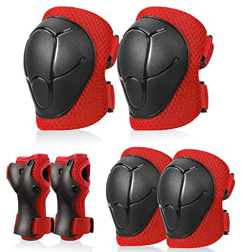 LOVMEAD Knieschoner Set Kinder Inliner 6 in 1 mit Tasche, Fahrrad Fussball Ellbogenschützer Schützer Verstellbar Knieschützer, Handgelenkschoner für 3-14 Jahre Teenager Skaten Roller Skateboard (Rot)