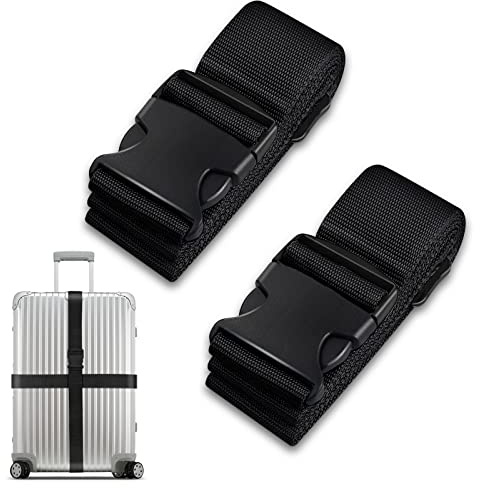 Koffergurt Set, gepäckband, kofferbänder, koffergurte Personalisierte Identifikation Verstellbare Rutschfestes Reisezube (Schwarz, 2 Stück Set)