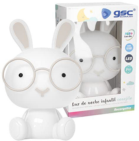 gsc evolution - Luz nocturna infantil LED Conejito RGB con intensidad regulable y batería recargable, 7 modos de luz, Lámpara de mesa, lámpara portátil y decoración para habitación Regalo para niños