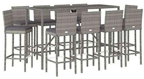 vidaXL Gartenbar Set 11-TLG., Gartenmöbel Bartisch 10 Barstühle, Stehtisch Barhocker für Garten Terrasse, Sitzgruppe Gartenset mit Kissen, Grau Poly Rattan