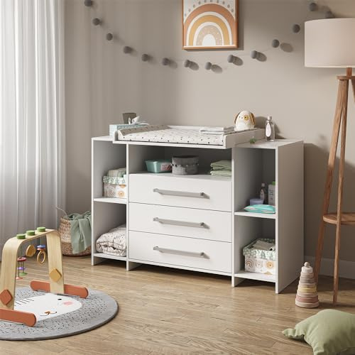 Vicco Fasciatoio Oskar, Bianco, 143 x 100 cm XL con cassetti, adatto come fasciatoio con area di appoggio estensibile