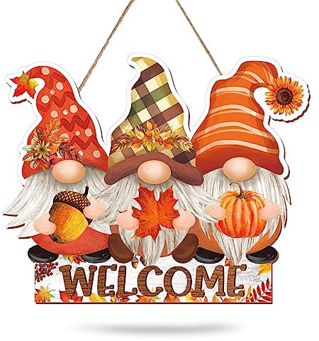 Whaline Herbst Holz Willkommensschild Zwerge Herbst Hängeschild Herbst Thanksgiving Türschild Rustikales Bauernhaus Holz Türhänger für Herbsternte Urlaub Zuhause Büro Fensterdekoration