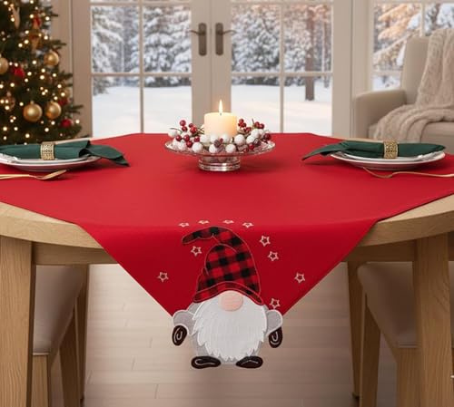 KAMACA Mitteldecke Tischdecke 85x85 cm Hochwertige quadratische Tischdecke mit appliziertem Wichtelmotiv Festliche Tischdekoration für Küche, Esszimmer & Wohnzimmer Winter Weihnachten (Wichtel)