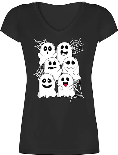 T-Shirt Damen V Ausschnitt - Halloween - Lustige Geister Gespenster Geist Gespenst - XL - Schwarz - Tshirt grusel Haloween Outfits Ghost Shirt sexy halowen Kinder t Helloween hellowee halooween