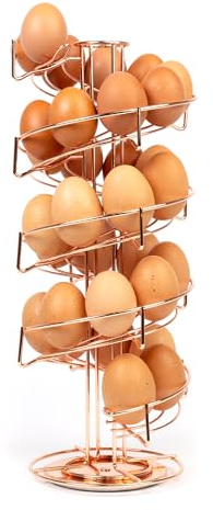 HEFTMAN Rose Gold Spiral Egg Holder - Freestanding Egg Storage for Kitchen for Up To 32 Eggs - Sturdy, Rotatable, Anti-Slip Base - Keep in Date Order, Roll Down Dispenser