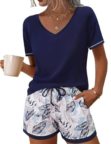 Litherday Pyjama Femme Court Ensemble Coton Col en V à Manches Courtes | Pantalon de Nuit Imprimé à carreaux Vêtements de Nuit