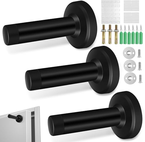 GZhaizhuan 3 topes de puerta para pared, acero inoxidable, 8,5 cm de largo, negro, contiene sujetadores, con tampón elástico transparente (cuadrado + redondo)