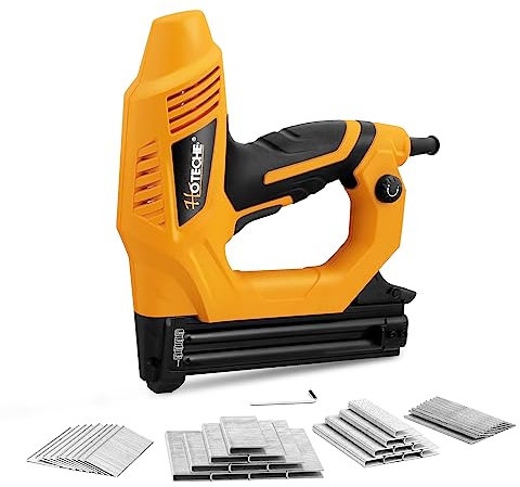 Hoteche 9A Elektrotacker 2-in-1 | 20pcs/min | 100-Nagelkapazität | VDE Stecker | Gelb-Schwarz | 400pcs Nagel Set | Type 600 & Type F | Elektrisch Nagler
