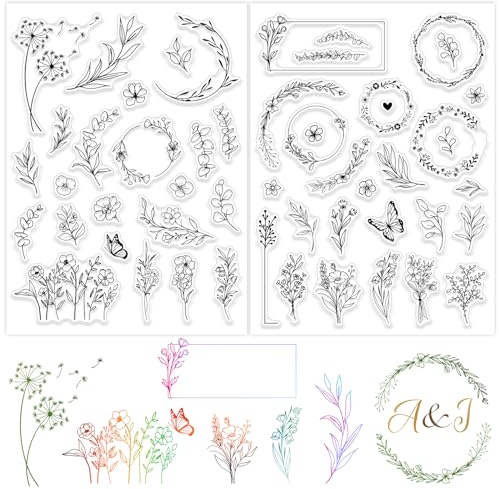 BETESSIN 2Blatt Silikon Stempel Blumen Blätter Klare Stempel Pflanzen Blumenkranz Clear Stamps zum Kartenbasteln Schmetterlinge Stempelmotive DIY Scrapbooking Fotoalbum Geschenkanhänger