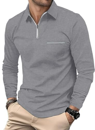 HMIYA Herren Poloshirt Langarm Poloshirt aus Baumwolle Atmungsaktiv Casual T-Shirts mit Tasche