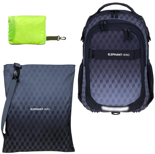 Elephant 3tlg. Set Schulrucksack Hero 12868 Black Cube rtp | Signature Jungen Mädchen Rucksack Sportbeutel Turnbeutel Regencover Attach Bag Raincover
