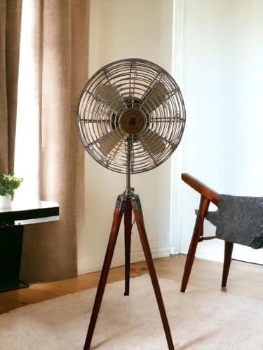 CREATIVEERA Ventilador de pie eléctrico de inspiración vintage de latón y marrón, hecho a mano, estilo retro, trípode de madera marrón, decoración del hogar