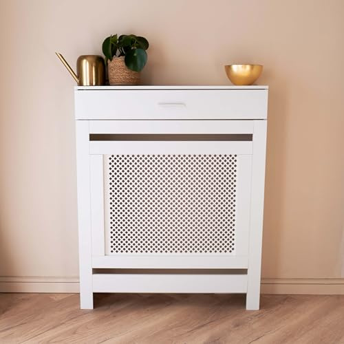 Jack Stonehouse JSH White Radiator Cover with Storage Drawer | Diamond Slat Traditional Sturdy MDF Wooden Grill Cabinet Cover | for Living Room Bedroom Hallway Furniture W: 78cm D: 19cm H x 96cm