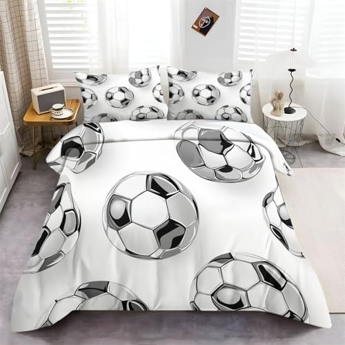 Générique Parure de Lit 220 x 240 cm Housse de Couette Ballon Foot réfléchissant Housse de Couette Imprimé Microfibre Confortable Ensemble de Literie Éclair et 2 Taies d'oreiller, Blanc