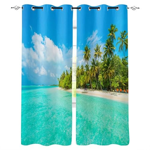 Rptidmv Vorhänge mit Ösen blaues Meer Vorhang Blickdicht Verdunklungsvorhänge Thermovorhang Schallschutz - Wohnzimmer Schlafzimmer Büro Deko Garten 2er Set -140 x 245 cm (B x H)