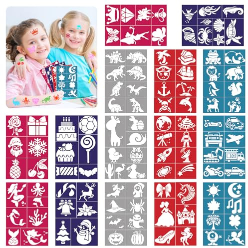 HOWAF Tattoo Schablonen, 110 Stück Wiederverwendbare Tattoo Schablonen Kinder Schminkschablone Gesicht Glitzer Tattoo Schablonen Kinder Mädchen Jungen für Karneval Halloween Geburtstage Weihnachten