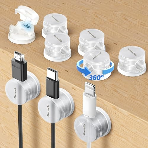 Federbelasteter Drehbar Kabelhalter Selbstklebend für Kabel Verstecken | Nearockle Kabelclips kabelmanagement Schreibtisch Wand, Kabel Organizer 7,5 mm Blendenöffnung (8 Stück, Transparent)