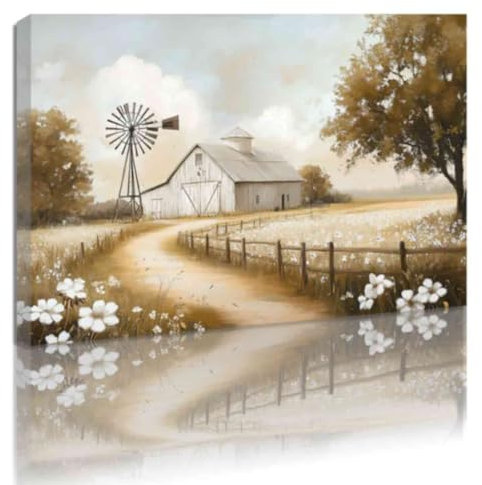 ZQQART Bauernhaus Scheune von Bild Leinwand Wand Drucke Grüne Scheune Blume Frühling Malerei Retro Blumenfeld Wiese Scheune Windmühle (Braun,30x45cm)