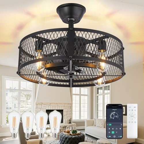 Caged Deckenventilator mit Licht: 20 Bauernhaus Kronleuchter mit Licht und Fernbedienung APP Control - Schwarz Leise DC Motor Rustic Kronleuchter mit Ventilator für Bedroon Küche Wohnzimmer Esszimmer