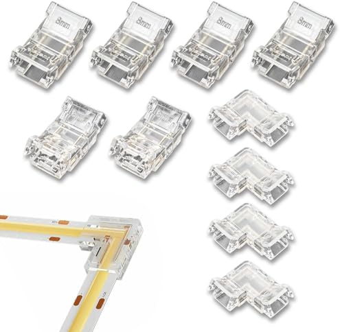 10PACK COB LED Light Strip Connector Set for 8mm Width 2 Pin LED Strips | Solderless Strip Connector Include 4pcs L Shape, 4pcs COB-to-COB & 2pcs COB Strip-To-Wire Connector for Non-Waterproof Light