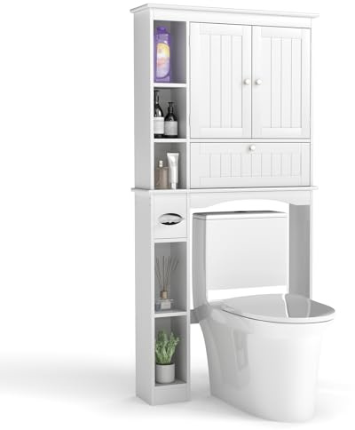 COSTWAY Meuble WC, Rangement Dessus de Toilette, Étagère pour Machine à Laver avec 2 Portes, Étagère Réglable, Compartiments Ouverts et Porte-Papier, pour Salle de Bain, Buanderie, 21x80x165cm, Blanc