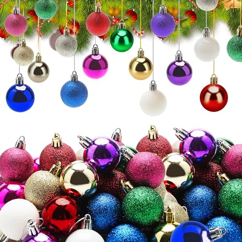 absolove 64 Stück Weihnachtskugeln Bunt 4CM, 8 Farben Klein Christbaumkugeln Glitzer & Glänzend Kunststoff Weihnachtsbaum Ornamente mit Golddraht Bunt Bruchsiche für Weihnachtsdekoration Kugeln