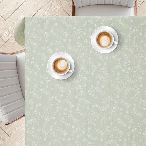 KP HOME Sage Green Wipe Clean Tablecloth with Classic White Vintage Flowers - Square 55.1x55.1 / 140x140cm Easy Clean Waterproof PVC Oilcloth - Vinyl Wipeable Table cloth with Skin Feel Touch