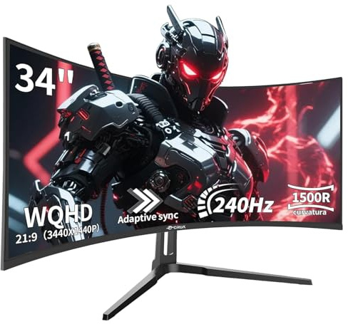 CRUA 34 Inch Curved Gaming Monitor, 1500R UltraWide WQHD 3440x1440, 240Hz 1ms Response, FreeSync & HDR, Eye Care PC Display, Borderless Design, VESA 75x75mm Mount Compatible