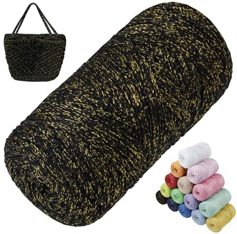LEREATI Cordino per Borse Uncinetto, 1.5mm x 280m Filo Macrame Glitterato Filato per Borse, Filo per Uncinetto Cestini, Fai da Te, Arazzo da Parete, Decorazioni, Artigianato (Oro Nero)