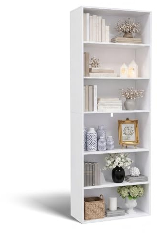 NewBeth Bücherregal Weiß mit 6 Fächern, 180cm Offenes Bücherschrank | Aufbewahrungsregal Standregal Holz, Billy Regal für Wohnzimmer, Esszimmer, Kinderzimmer, 30 x 60 x 180 cm