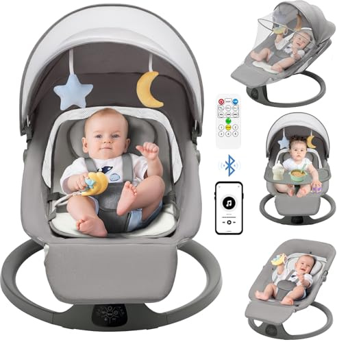 YUMBOT Electric Baby Swing for Infants to Toddler, Portable Baby Swing with Tray, Infant Bouncer with Bluetooth, Remote Control, App Function, Rocker with 5 Speeds, 5-Point Harness for Newborns