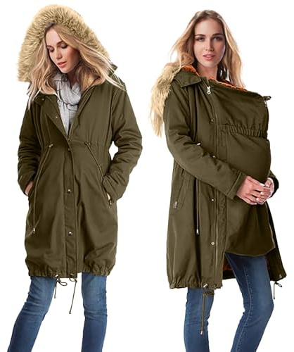 Chaqueta de maternidad para mujer con inserto para bebé, chaqueta de algodón 3 en 1, hasta la rodilla, con cordón ajustable, chaqueta de invierno, abrigo cálido para embarazo y uso del bebé, AOG, L