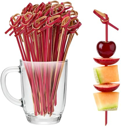 100 Pcs Bamboo Skewers, Burger Sticks, Mini Food Picks Fruit Toothpicks Cocktail Sticks Seafood Sticks for Drinks, Canapes, Appetizers Party Supplies (12cm, Red)