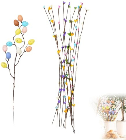 Ramas Decorativas de Pascua con Huevos de Colores (13 Piezas) – 1 Rama con Huevos + 12 Ramas Decorativas, Colores Pastel, Decoración de Primavera para Jarrón, Centro de Mesa, Corona DIY y Fiestas