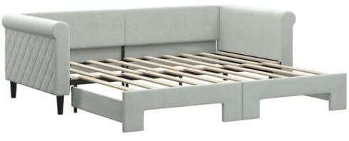Yisssmeng Ausziehbares Tagesbett Hellgrau 90x190 cm Samt 2in1 Schlafsofa mit Rollrost Massivholz Metall Rahmen Modernes Design platzsparend für Wohn Schlafzimmer Büro Gästezimmer