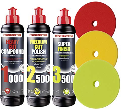 Menzerna Juego de abrillantadores 1000 Heavy Cut + 2500 Medium Cut + 3500 Super Finish + 3 almohadillas de pulido Menzerna