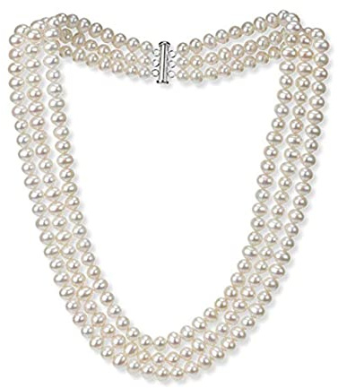 Treasure Bay Elegante und klassische Süßwasserperlenkette in AA-Qualität Dreireihige Perlenkette für Damen, 7 mm (Weiß)