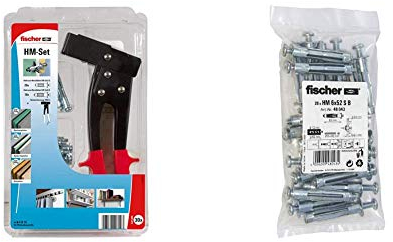 fischer Montage Set Hohlraumbefestigung, vorsortiertes Hohlraumdübelset, Schrauben & Montagezange & HM 6x52 S - Hohlraum-Metalldübel mit Schraube zum Befestigen von Bildern - 20 Stück