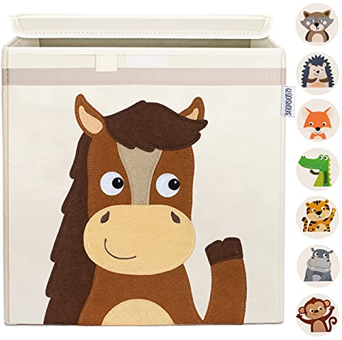 GLÜCKSWOLKE Kinder Aufbewahrungsbox - 15 Motive I Spielzeugkiste mit Deckel für Kinderzimmer I Spielzeug-Box (33x33x33) Kiste zur Aufbewahrung im Kallax Regal I Bauernhof-Tiere Pferd