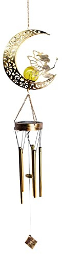 windyday Verre craquelée Lune - Carillons éoliens solaires pour l'extérieur - Ornement Suspension Carillon éolien fée Lune, décoration Unique Lune lumière Nuit pour la