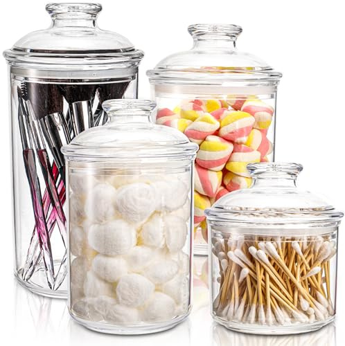 DEAYOU 4 Pack Clear Plastic Apothecary Jars, Plastic Storage Jar Canister with Airtight Lid, Cotton Qtip Holder Bathroom, Candy Cookie Container Organizer for Bath Salt, Pad, Vanity,33 Oz/23 Oz/13 Oz