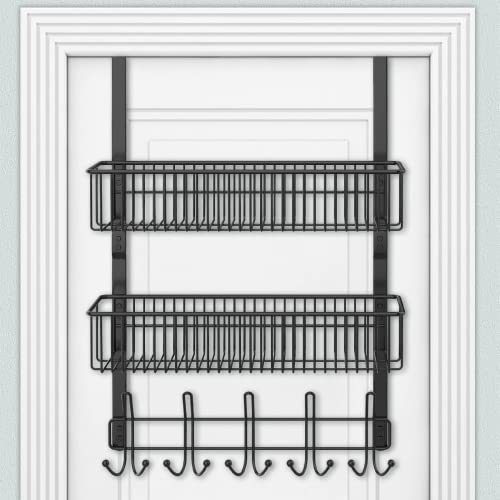 ENONCI Türhaken Zum Einhängen 15 Kleiderbügel Hakens mit 2 Mesh Korb über Tür Lagerung Rack, Kleiderhaken Tür, Schwarzer Korb für Garderobenhaken Tür Aufhänger, hängeregal Bad, hängeregal küche