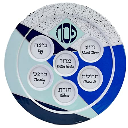Rite Lite Geometric Melamine Seder Plate - 12 Seder Plate Blue. Passover Gifts, Passover Elegant Seder Plate, Modern Holiday Passover Melamine Plate for Pesach and All Seder Long!