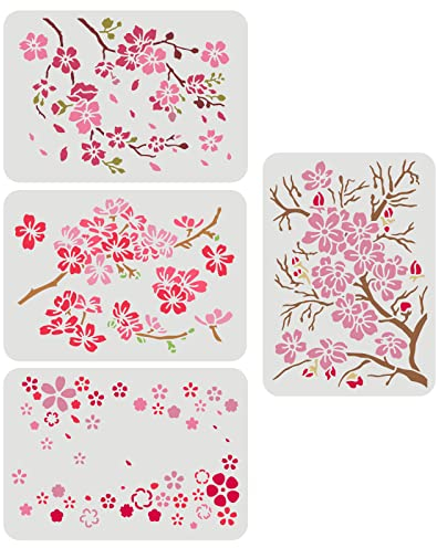 FINGERINSPIRE 4 x Kirschblütenzweig-Schablonen, 29,7 x 21,1 cm Kunststoff-Blumenmuster-Schablonen-Set für DIY Heimdekoration
