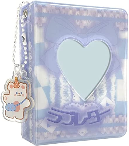 runrayay 3 Inch Mini Photo Album Kpop Photocard Binder, Blue Bowknot Kpop Photocard Holder Book, Love Heart Hollow Photocard Holder with Pendant, Business Card Holder 40 Pockets