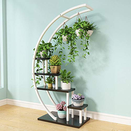 AFLCIO 5-stöckiges Metall-Pflanzenständer-Regal, kreative Halbmondform, Leiter, Blumentopfständer, für Zuhause, Terrasse, Rasen, Garten, Balkonhalter, weiß + schwarz