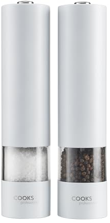 Cooks Professional Electric Salt and Pepper Mill Set | Battery Operated Automatic Grinders with Adjustable Course & Fine Grinding & One Touch Operation | Condiment Seasoning Grinder | White
