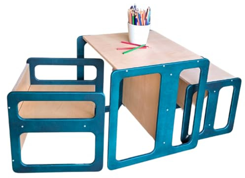 Generisch Dunorm - Wendehocker Kinder Sitzbank, 3 in 1 Montessori Tisch Sitzhocker Möbel, Kinderhocker Holz, Kinderstühle Handgefertigt Sperrholzmöbel (Dunkles Türkis, Satz (S+M+L))