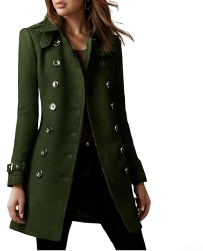 Manteau en laine chaud et décontracté pour femme avec fermeture classique à double boutonnage (S vert kaki)