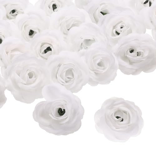QUARKZMAN 50pz Teste di Fiori di Rosa Artificiali, 1.2 Rose Finte in Seta Mini Rose Fiori Artificiali All'Ingrosso per Bouquet da Sposa Fai da Te, Centrotavola per Feste Decorazioni, Bianco